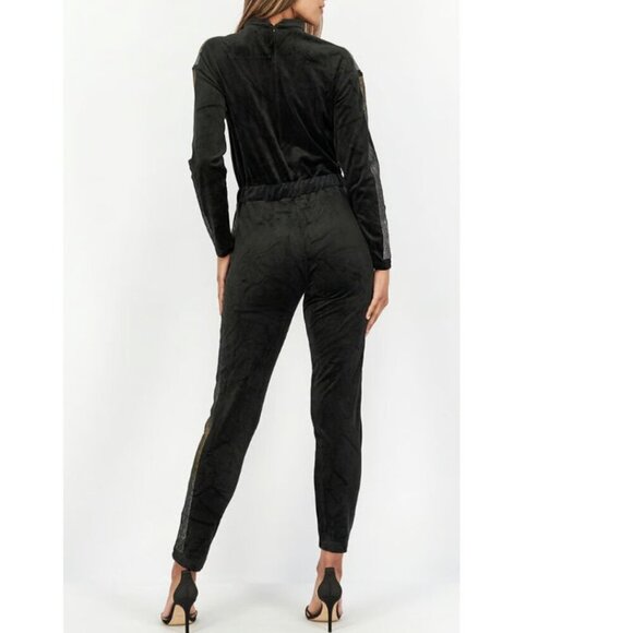 Juicy Couture Jumpsuit 90s Bling Velour Womens Black Mock Neck Ombre Stripe Y2K - Picture 2 of 11